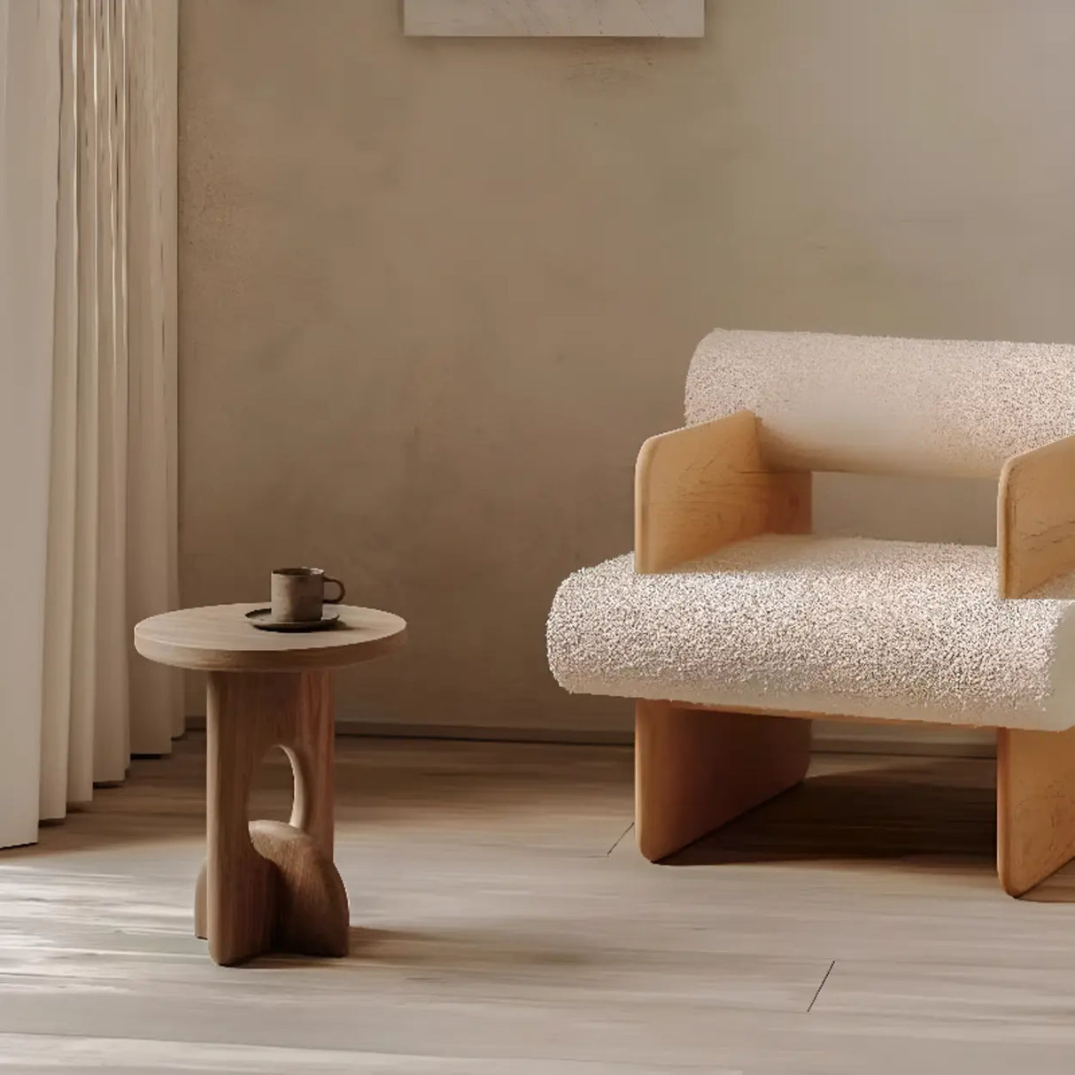 Scandinavian Abstract Base Small Round Top Wood Side Table Image - 4