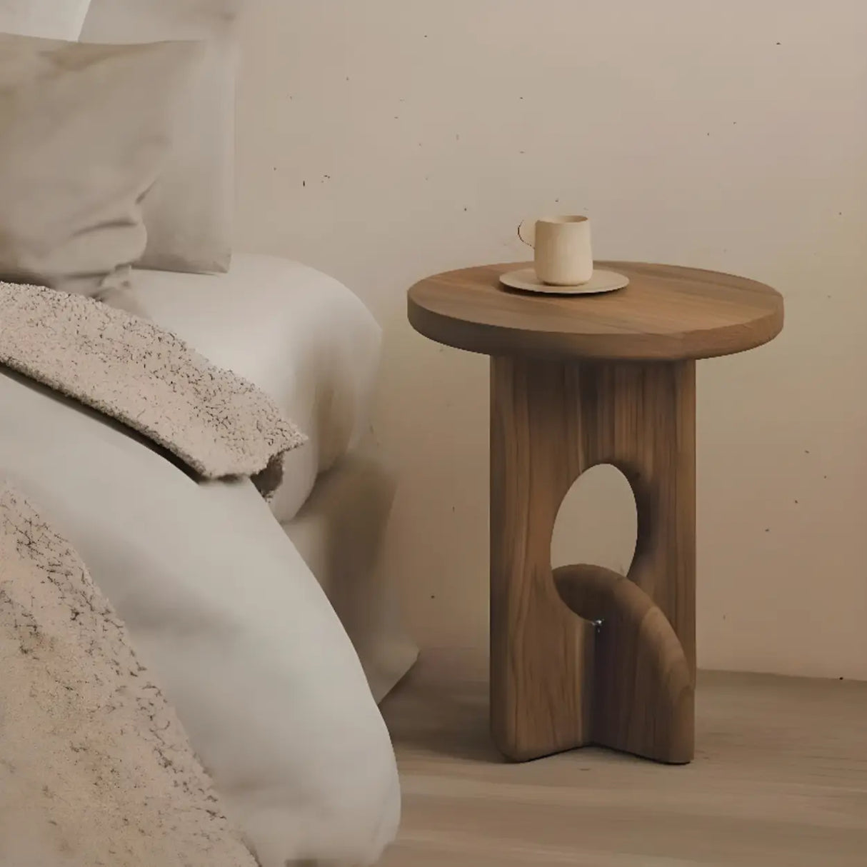 Scandinavian Abstract Base Small Round Top Wood Side Table Image - 6