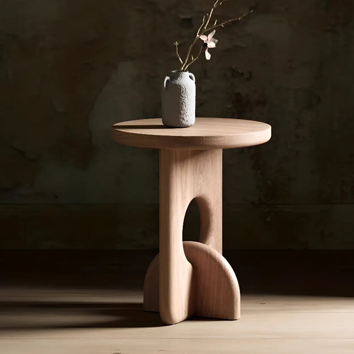 Scandinavian Abstract Base Small Round Top Wood Side Table Image - 8