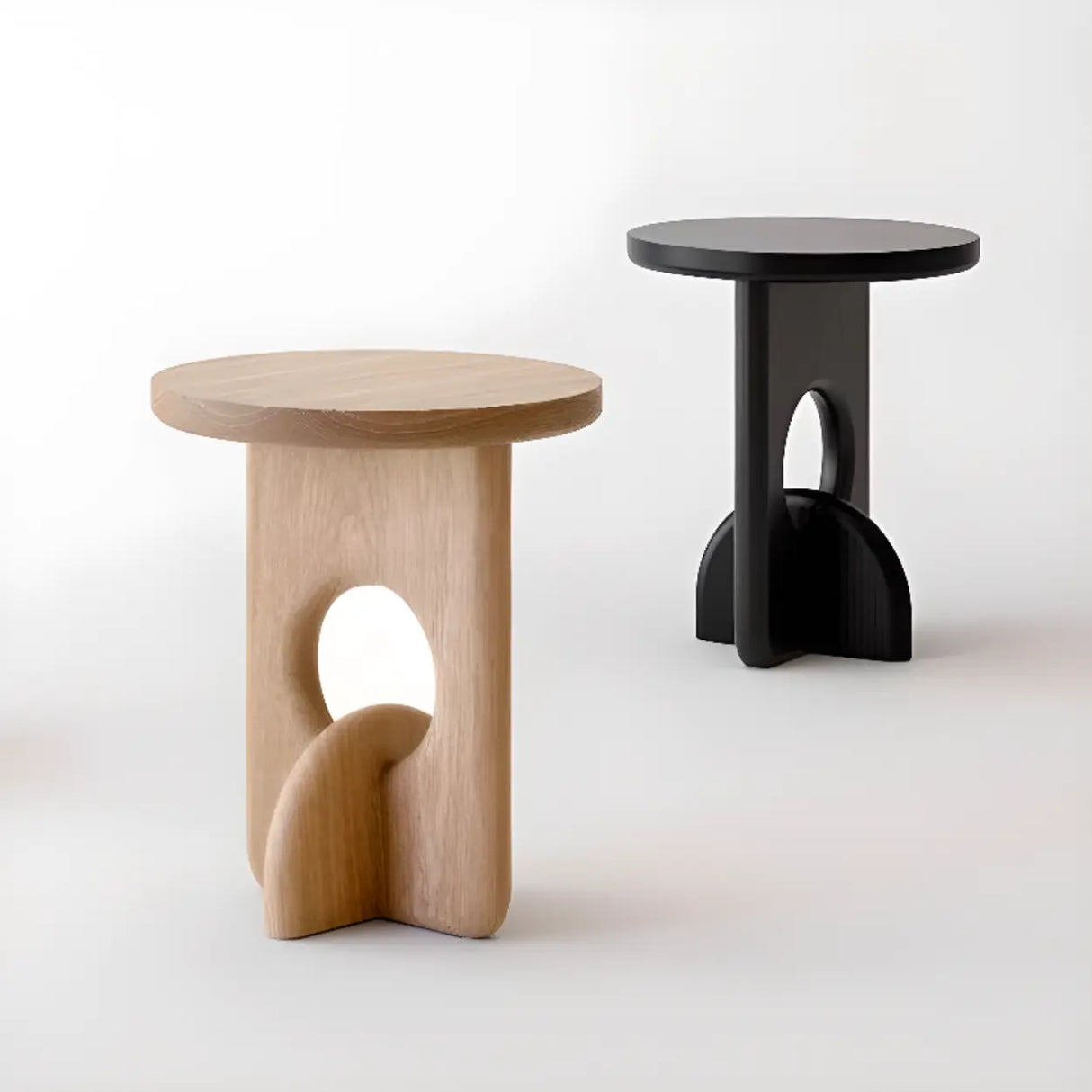 Scandinavian Abstract Base Small Round Top Wood Side Table Image - 9
