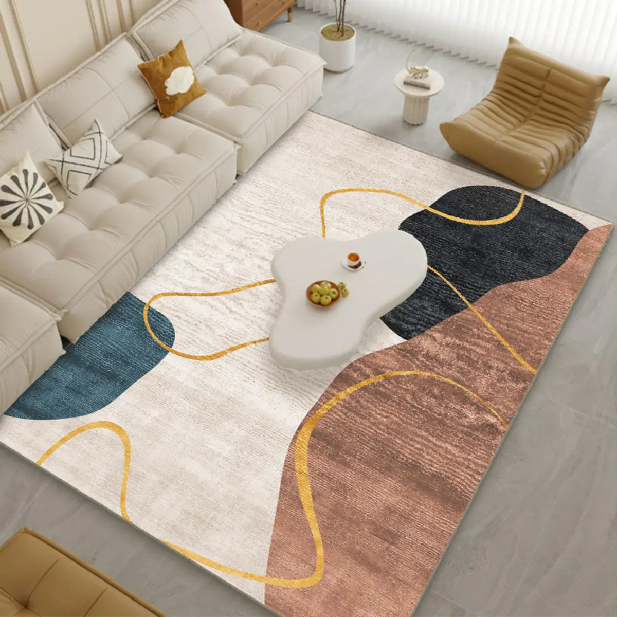 Scandinavian Abstract Non-Slip Beige Vinyl Area Rug Image - 11