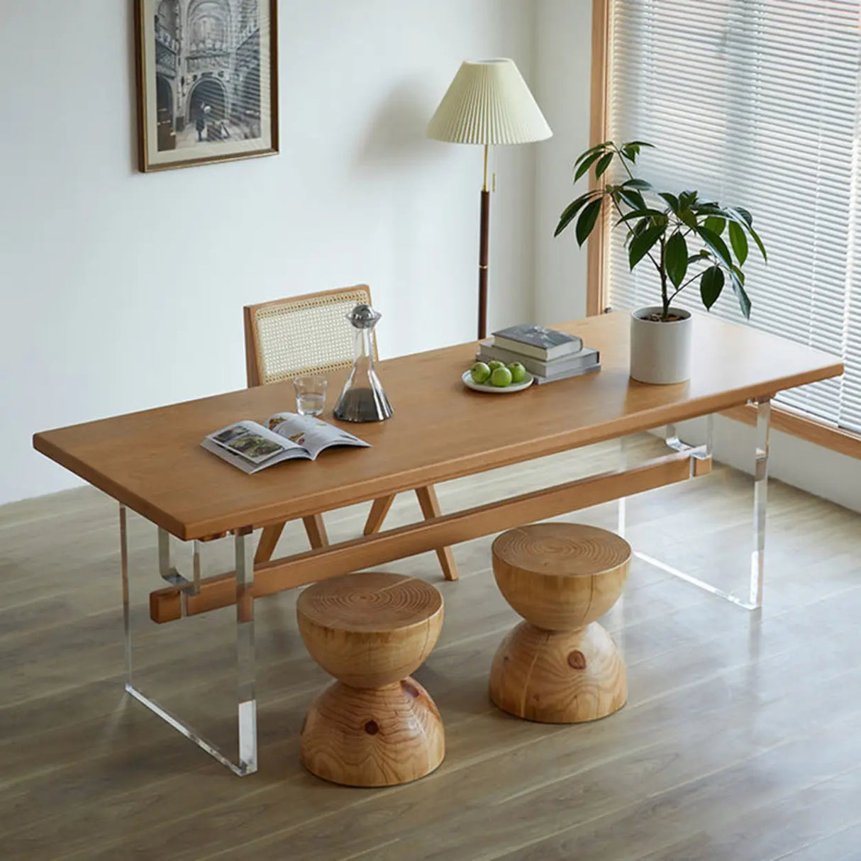 Scandinavian Acrylic Trestle Rectangular Wood Dining Table Image - 1