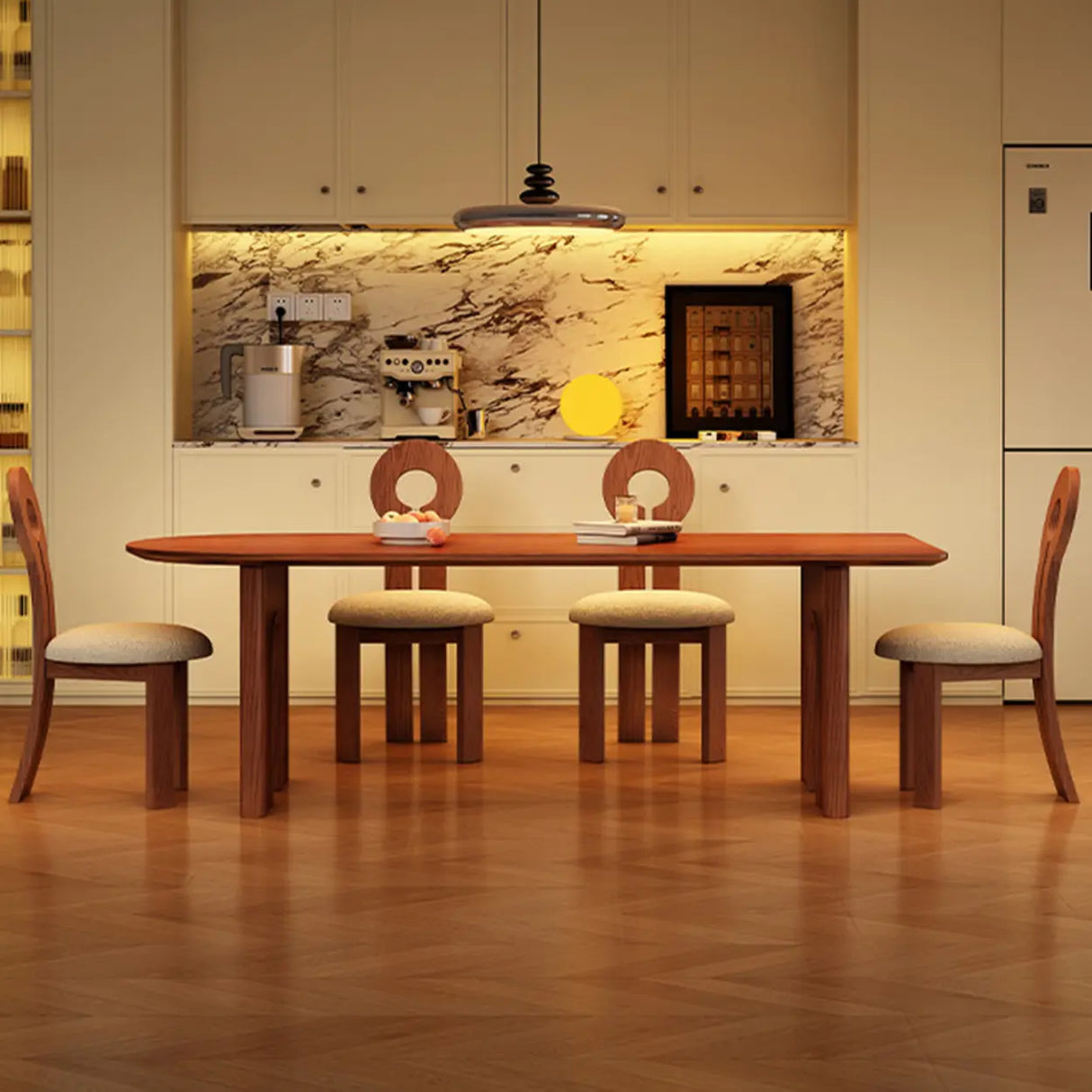 Scandinavian Arch Leg Brown Wood Oval Peninsula Dining Table Image - 3