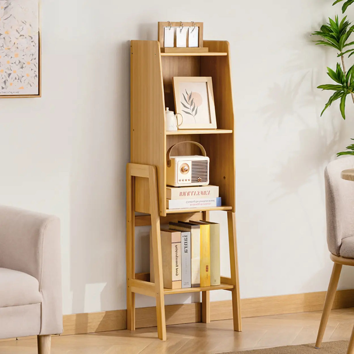 Scandinavian Bamboo Vertical Bookshelf with High Legs Image - 11