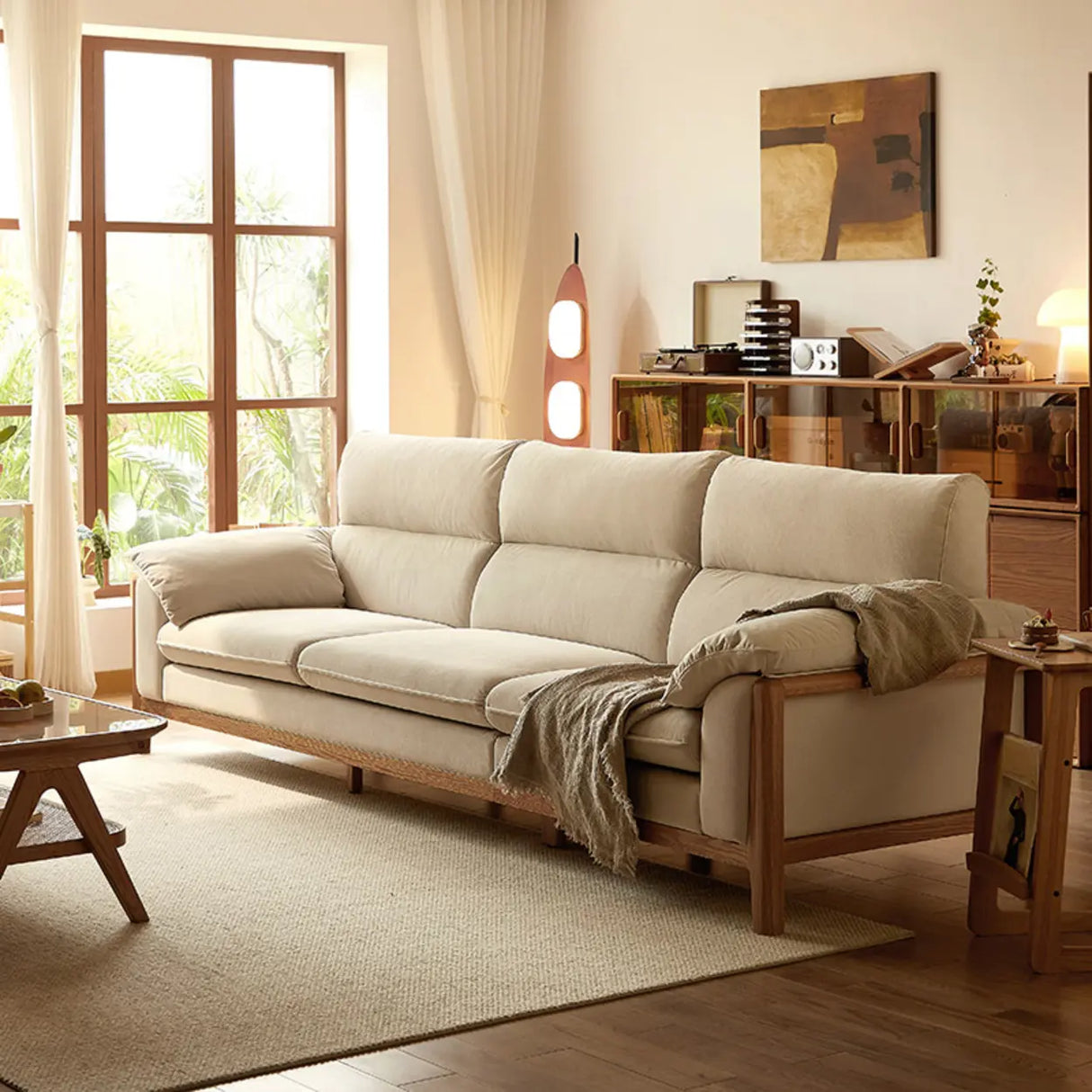 Scandinavian Beige Faux Cotton Linen Extra Long Sofa Image - 12