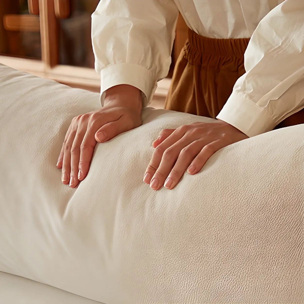 Scandinavian Beige Faux Cotton Linen Extra Long Sofa Image - 8