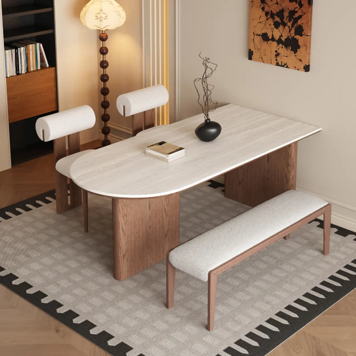 Scandinavian Beige Oval Stone Top Wood Pedestal Dining Table Image - 3