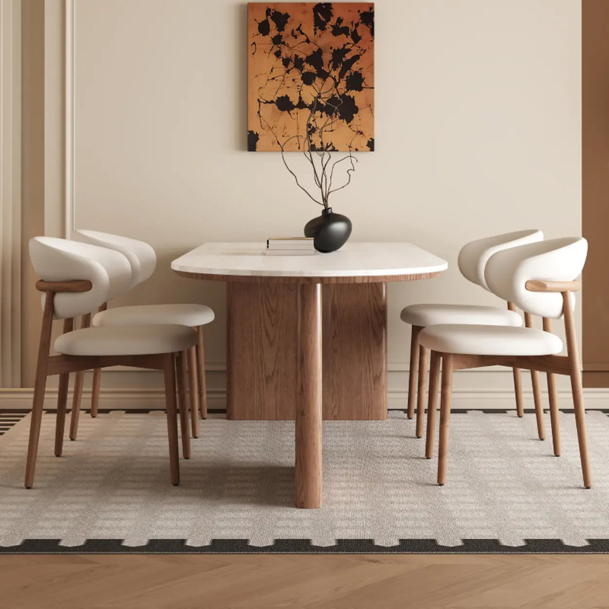 Scandinavian Beige Oval Stone Top Wood Pedestal Dining Table Image - 4