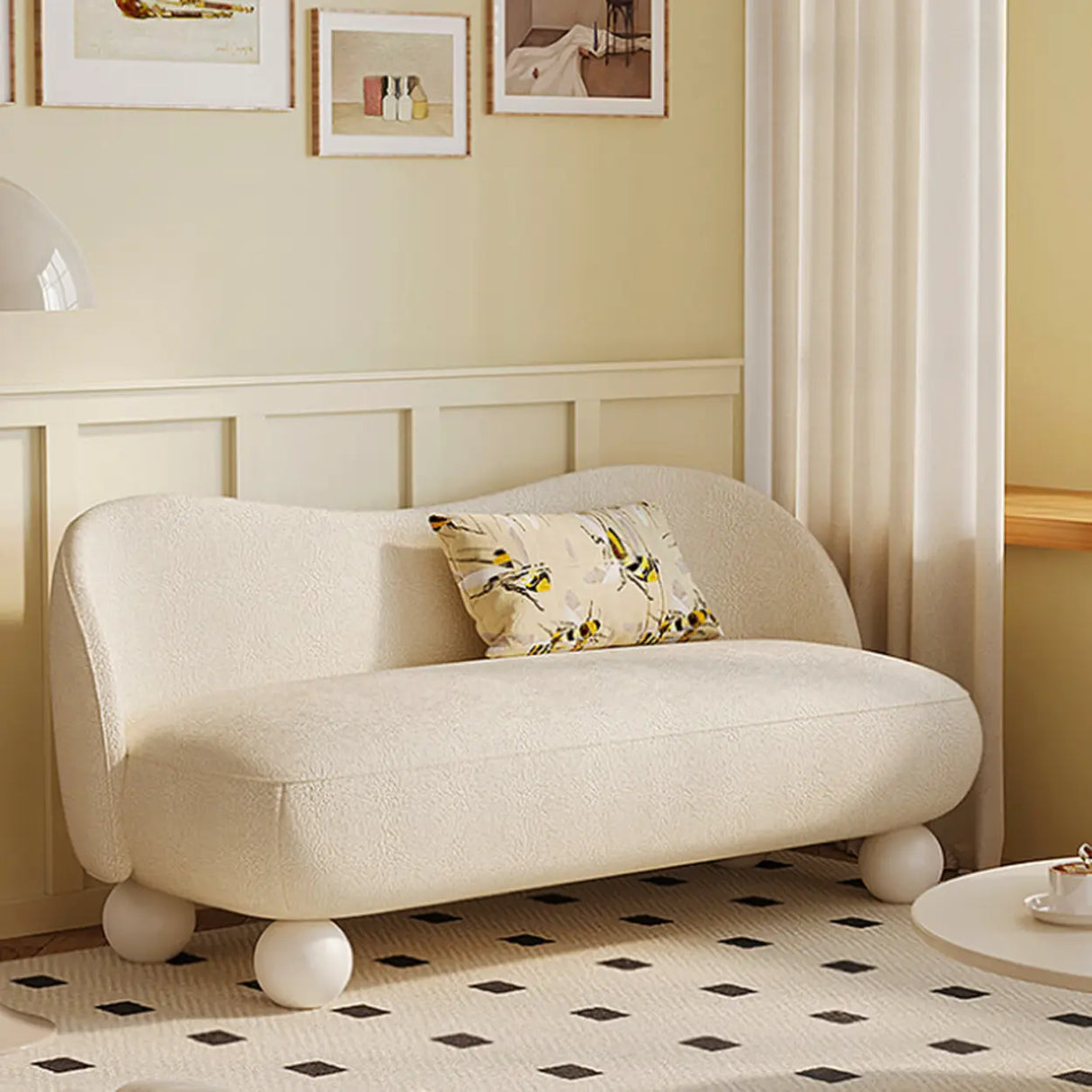 Scandinavian Beige Water Resistant Sherpa Curved Sofa Image - 1