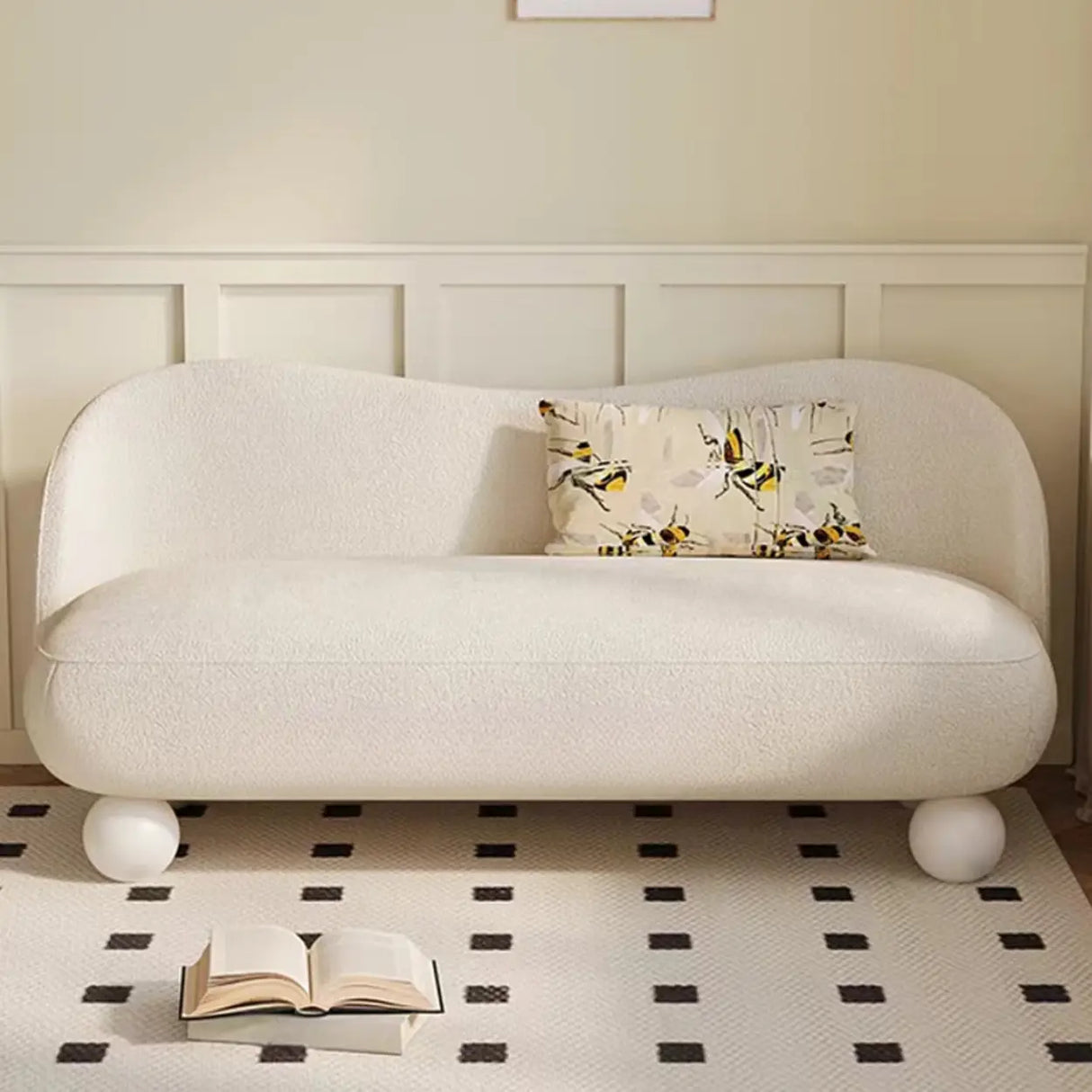 Scandinavian Beige Water Resistant Sherpa Curved Sofa Image - 8