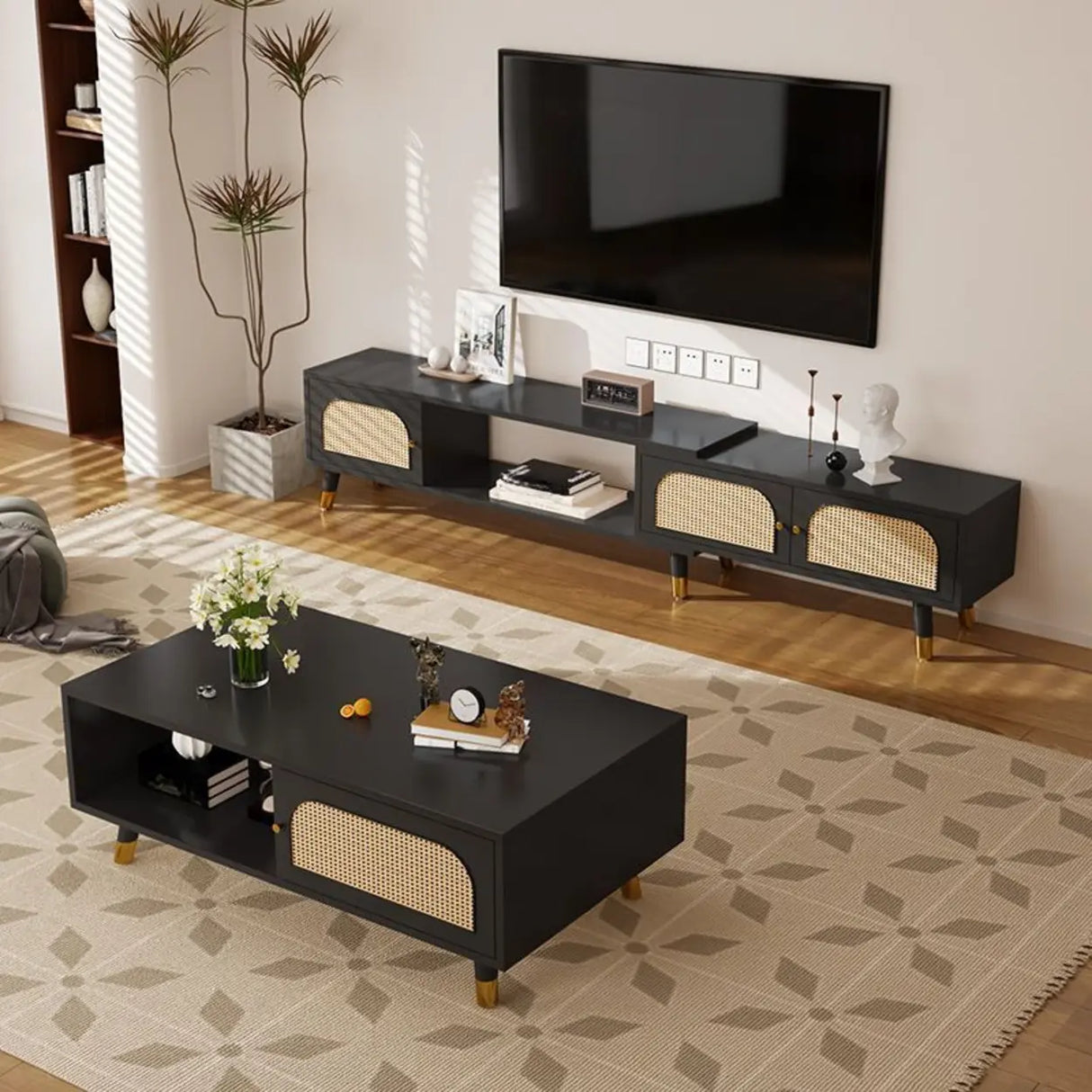 Scandinavian Black Rectangle Shelves Cabinet TV Stand Image - 1