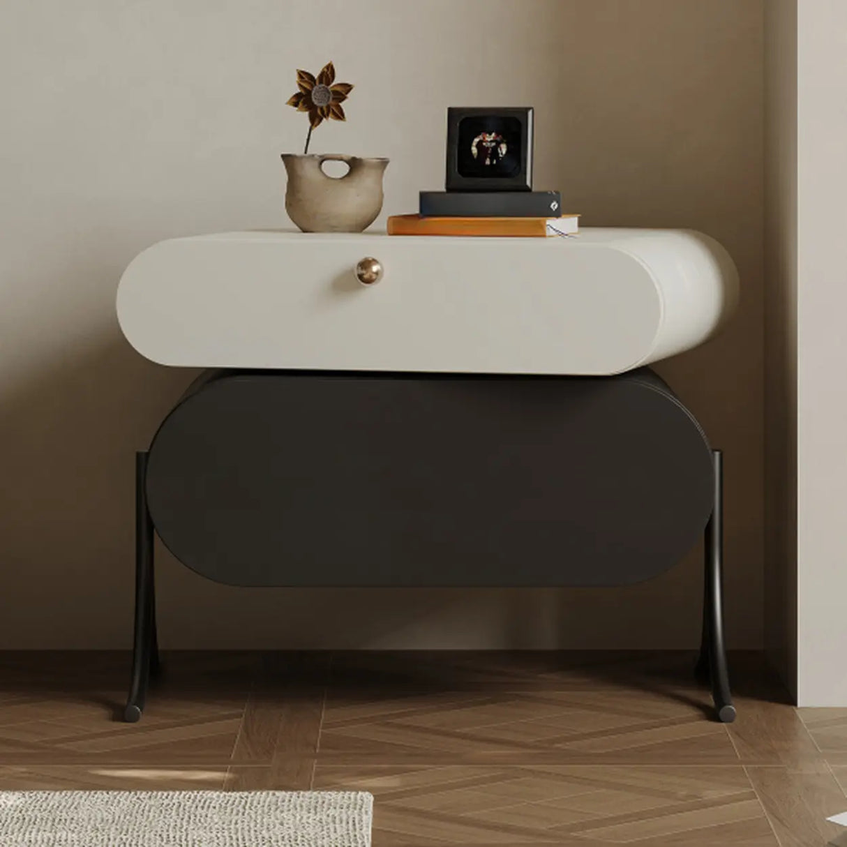 Scandinavian Black White Oval Nightstand with Drawers Image - 1