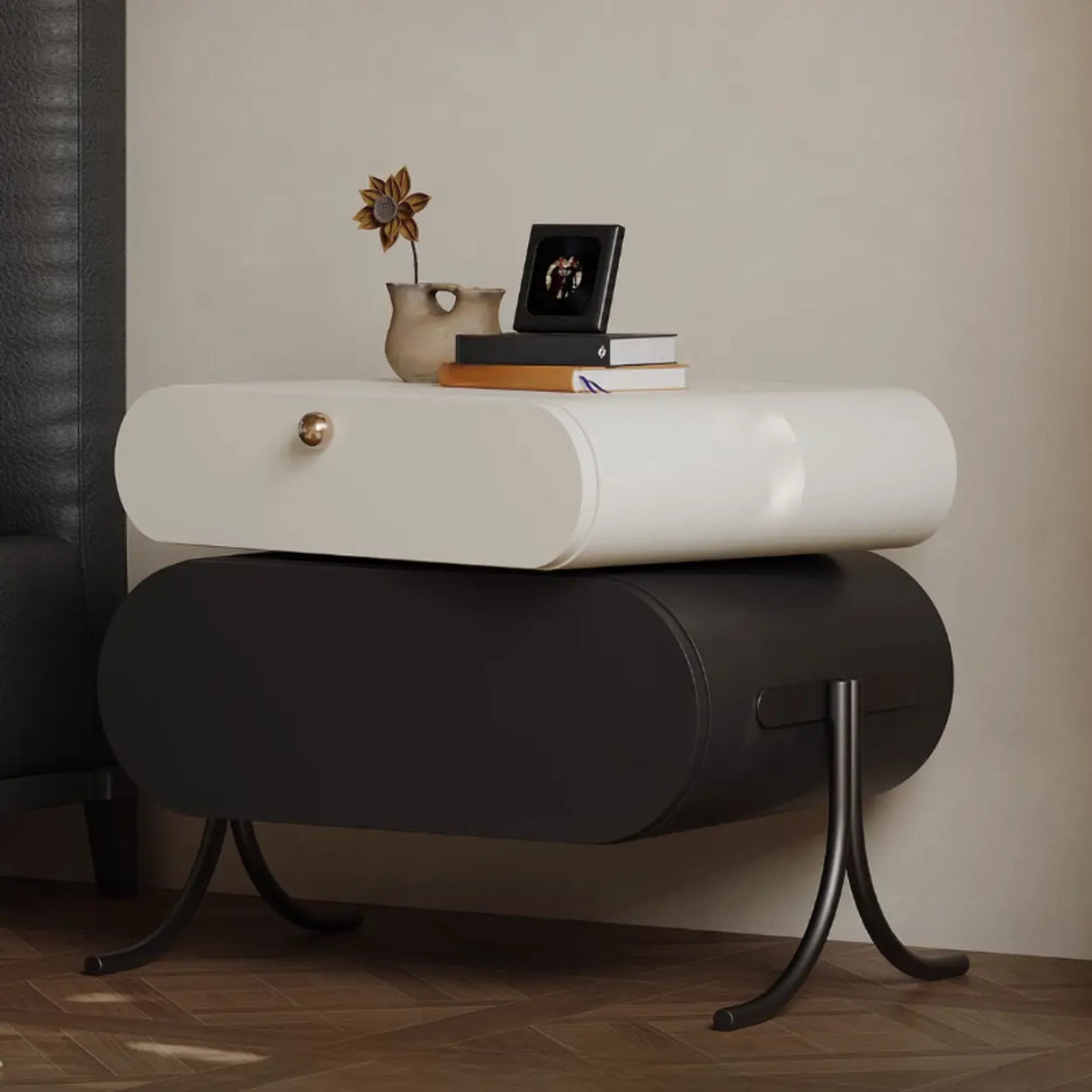 Scandinavian Black White Oval Nightstand with Drawers Image - 3