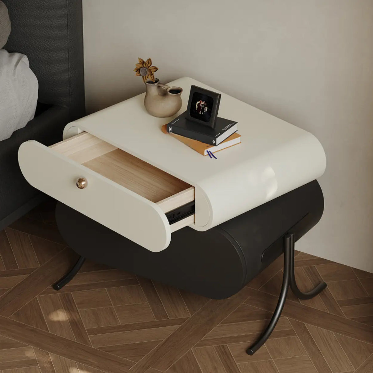 Scandinavian Black White Oval Nightstand with Drawers Image - 4