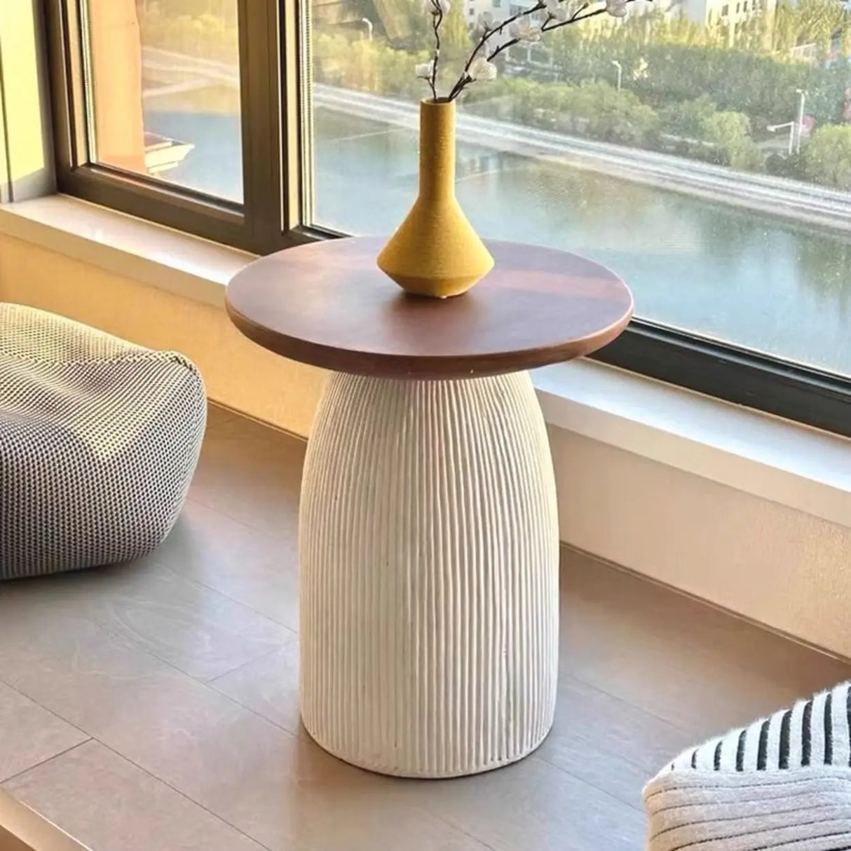 Scandinavian Brown Round Wood Top White Pedestal Side Table Image - 1