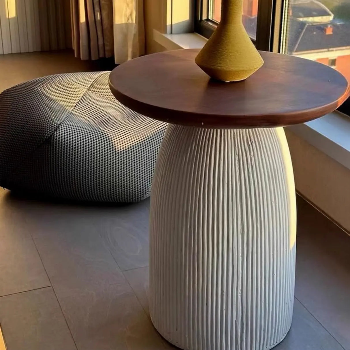 Scandinavian Brown Round Wood Top White Pedestal Side Table Image - 3