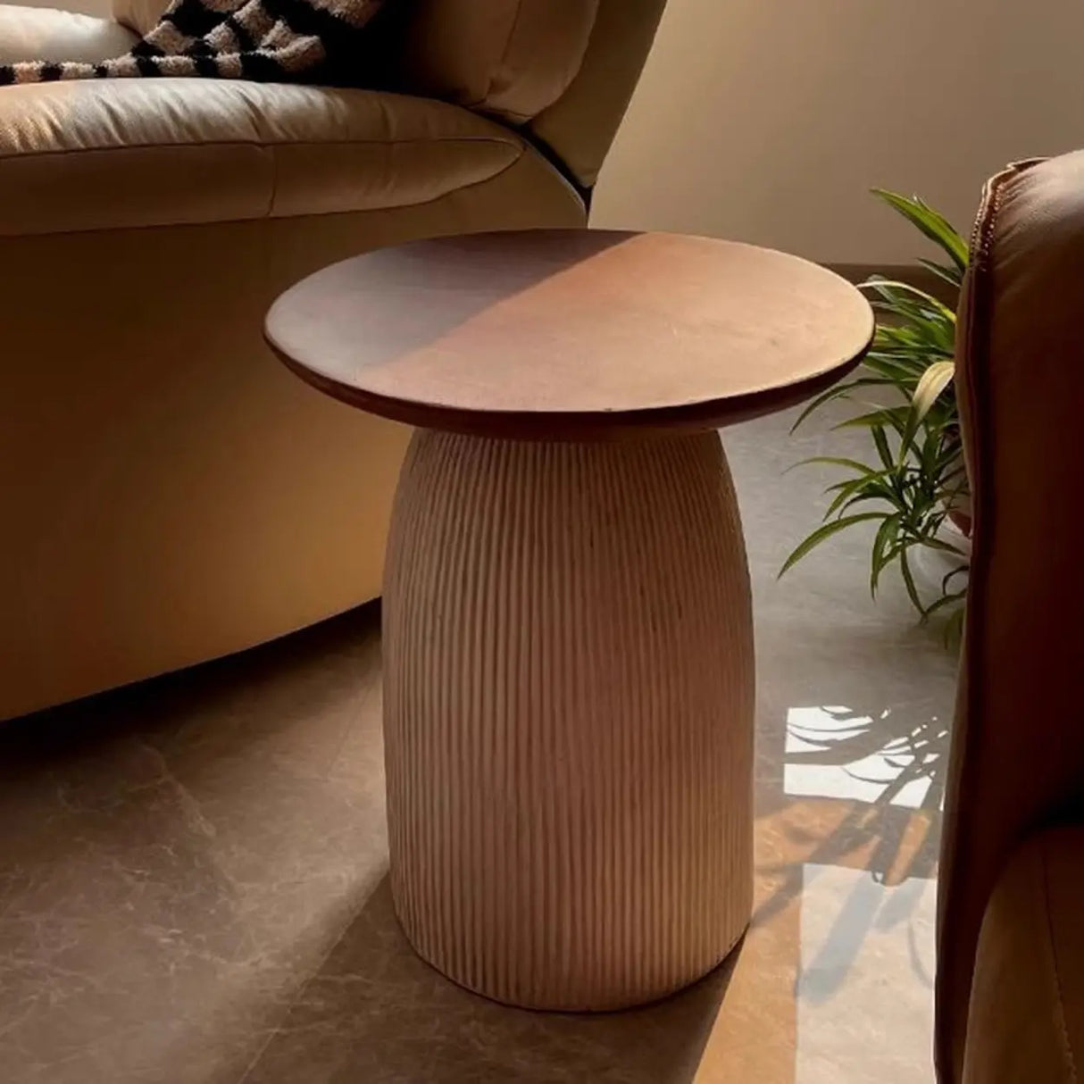 Scandinavian Brown Round Wood Top White Pedestal Side Table Image - 4