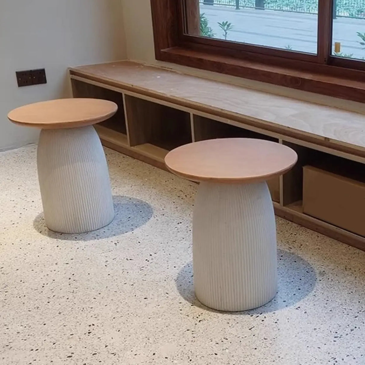 Scandinavian Brown Round Wood Top White Pedestal Side Table Image - 5