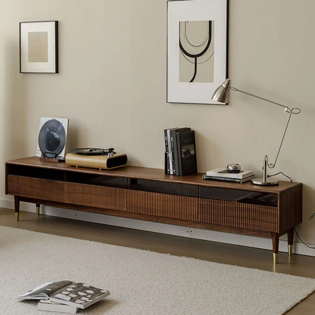 Scandinavian Brown Walnut Long TV Stand with Drawers Image - 3