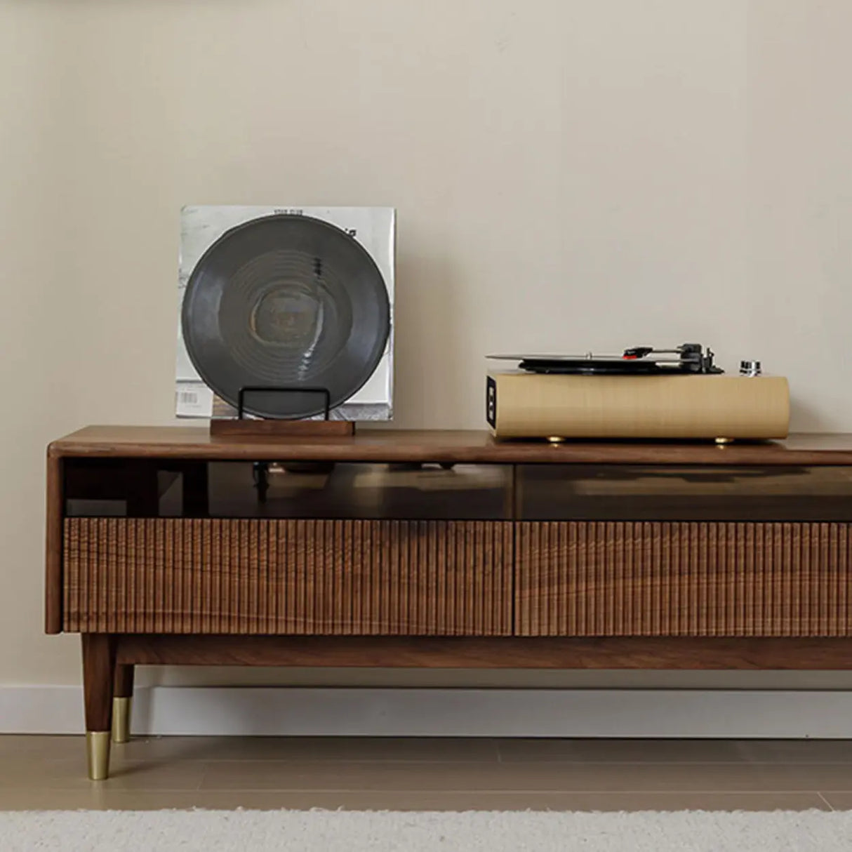 Scandinavian Brown Walnut Long TV Stand with Drawers Image - 6