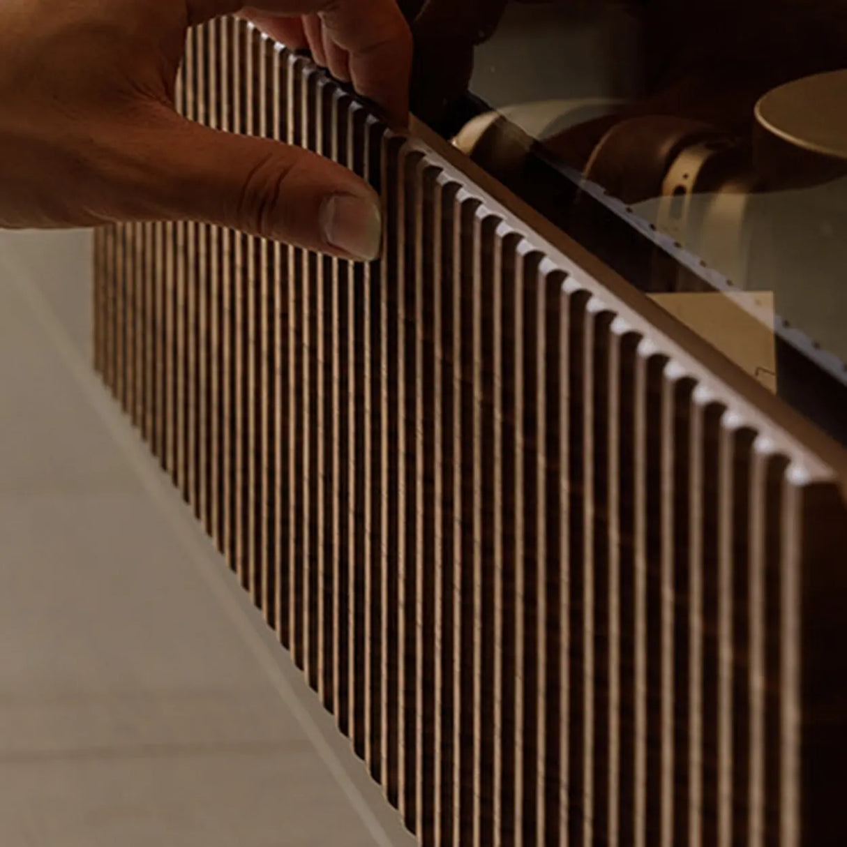 Scandinavian Brown Walnut Long TV Stand with Drawers Image - 9