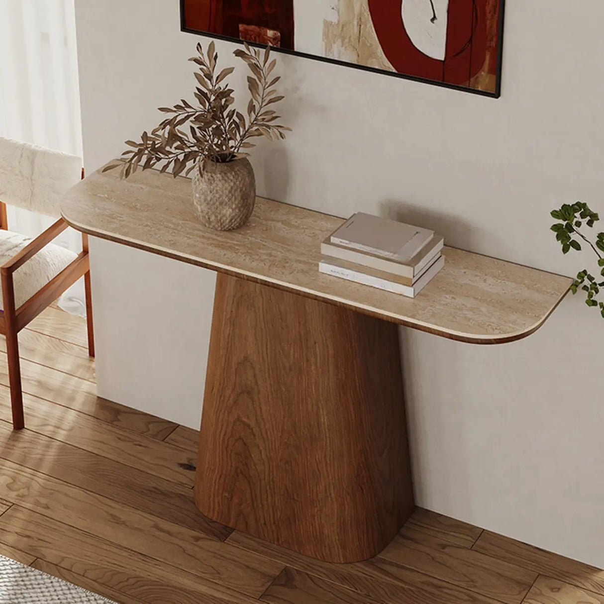 Scandinavian Brown Wood Pedestal Rectangular Beige Console Table Image - 2