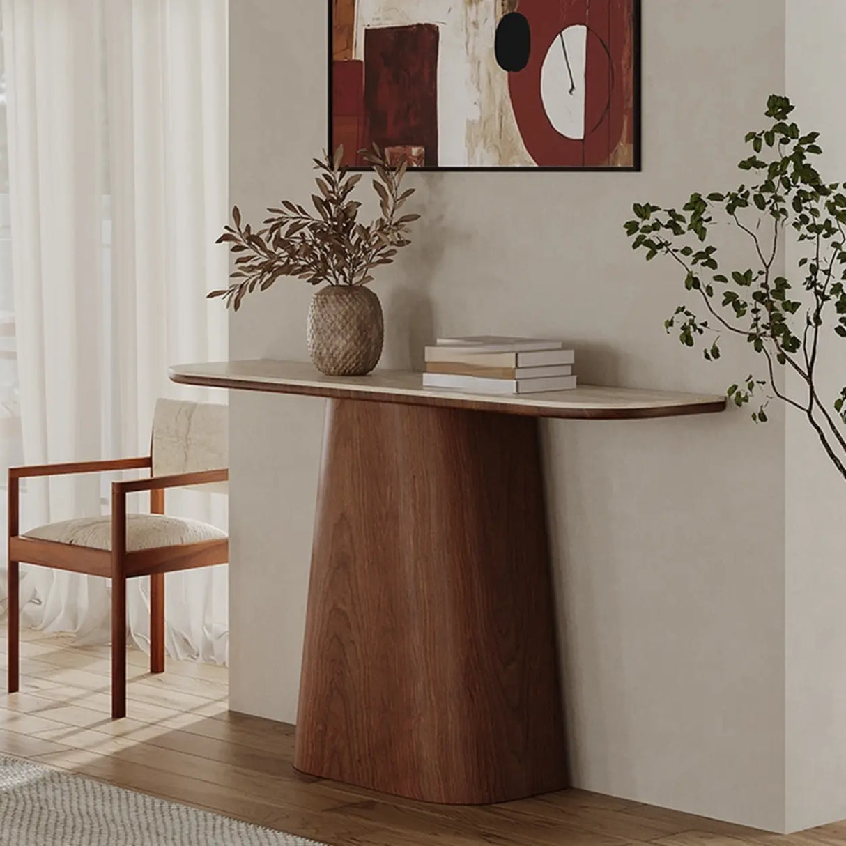 Scandinavian Brown Wood Pedestal Rectangular Beige Console Table Image - 5