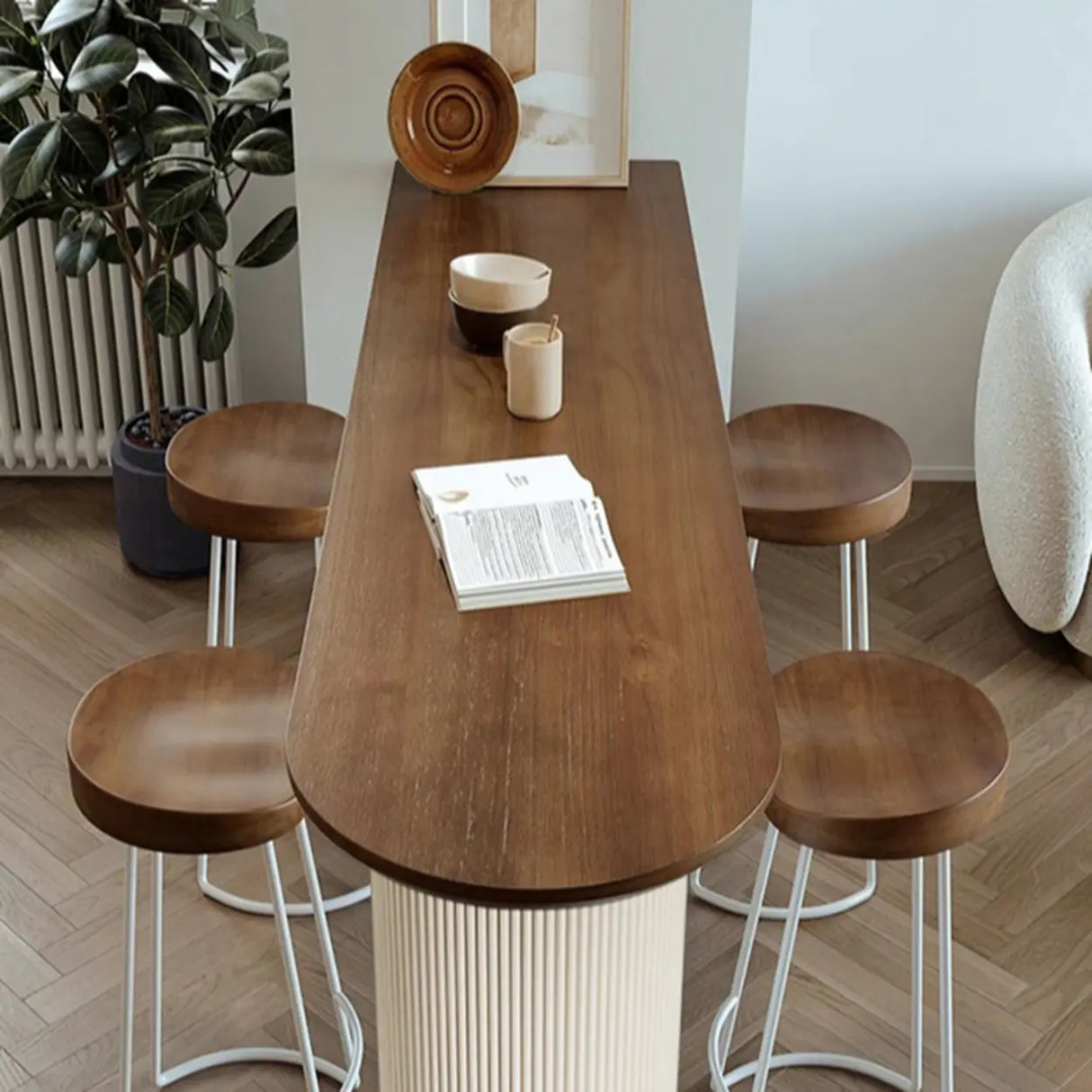 Scandinavian Clear Acrylic Pedestal Brown Wood Oval Bar Table Image - 5