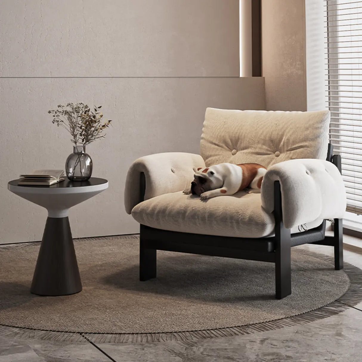 Scandinavian Corduroy Beige Lounge Accent Chair With Slipcover Image - 1