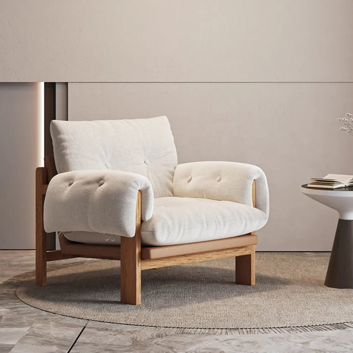 Scandinavian Corduroy Beige Lounge Accent Chair With Slipcover Image - 3