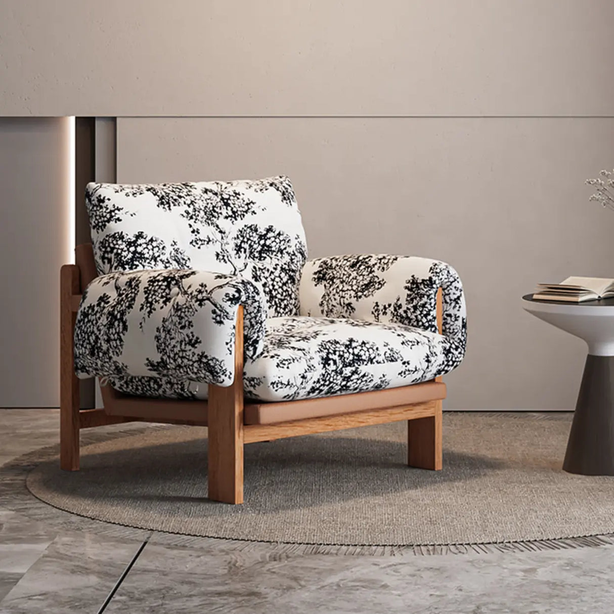 Scandinavian Corduroy Beige Lounge Accent Chair With Slipcover Image - 7