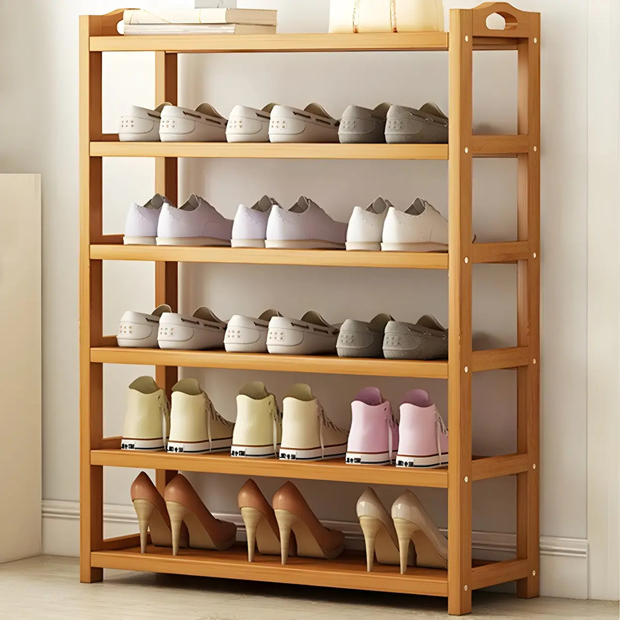 Scandinavian Free Standing Natural Bamboo Floor Shoe Rack Image - 12