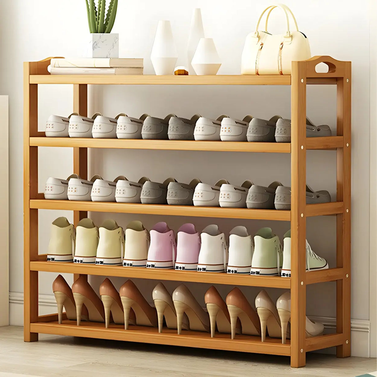 Scandinavian Free Standing Natural Bamboo Floor Shoe Rack Image - 13