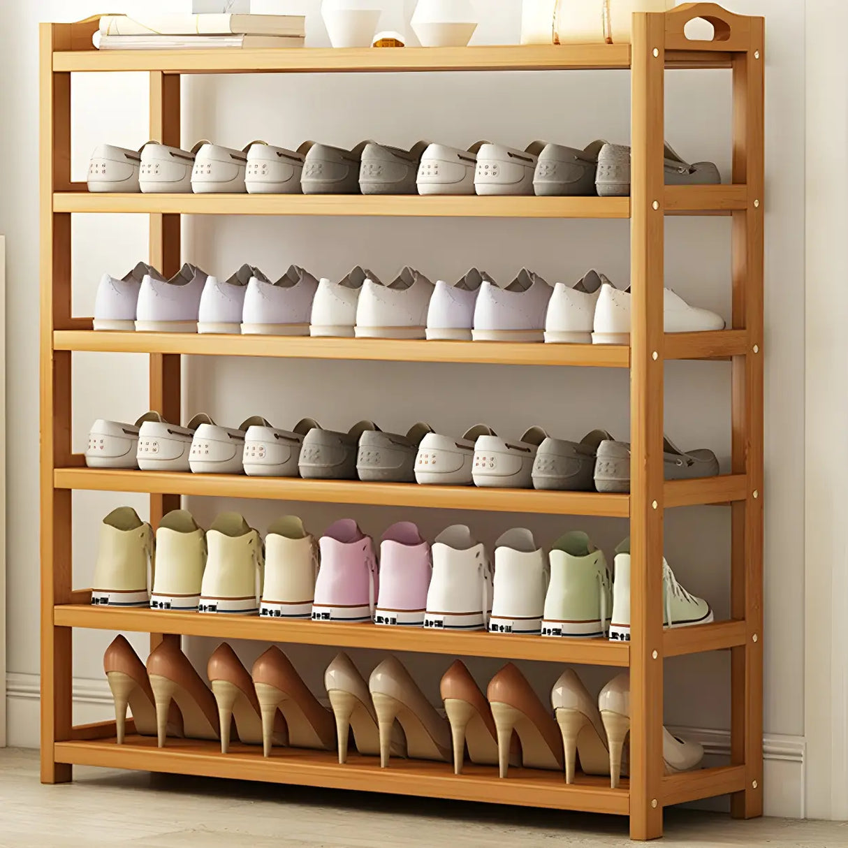 Scandinavian Free Standing Natural Bamboo Floor Shoe Rack Image - 15