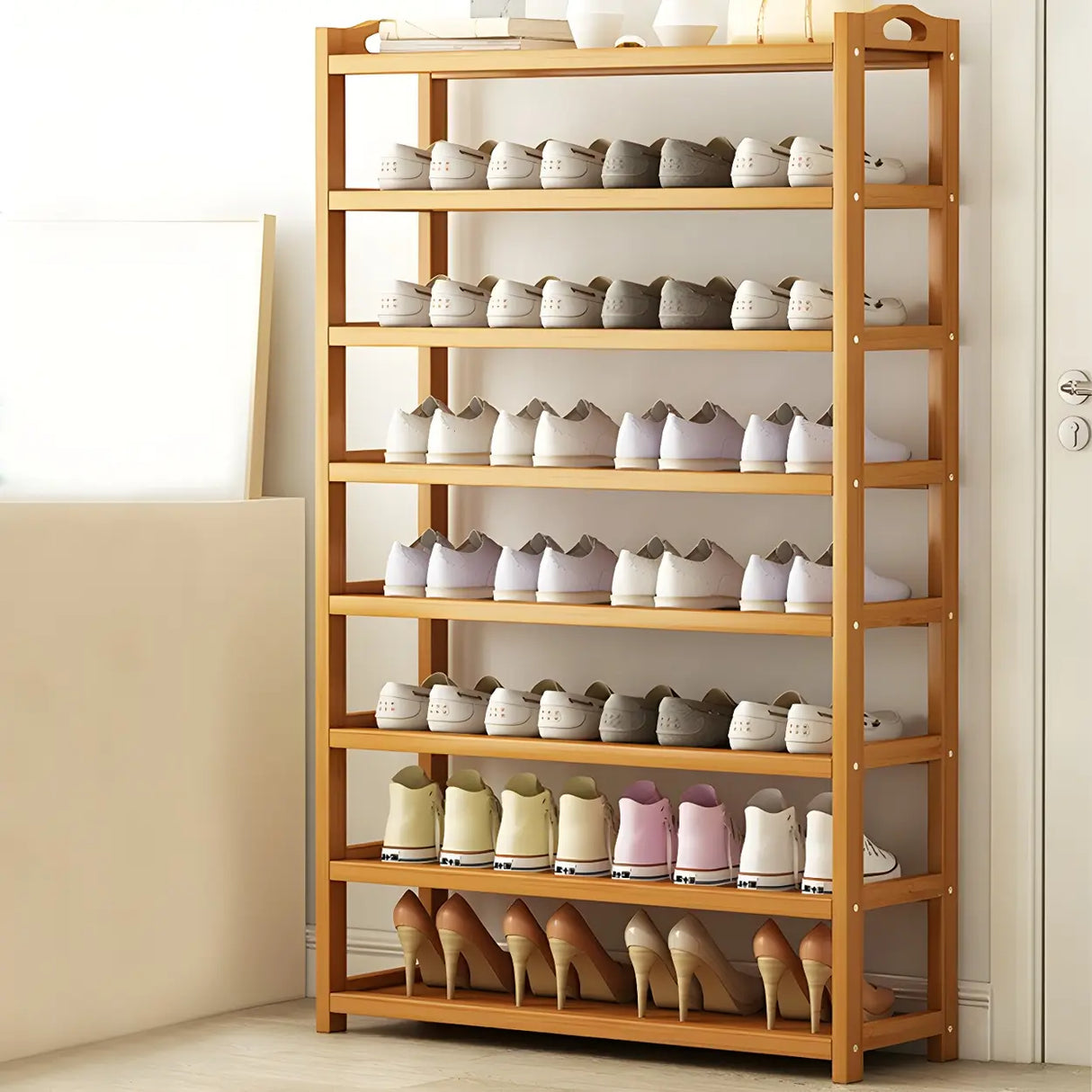 Scandinavian Free Standing Natural Bamboo Floor Shoe Rack Image - 17