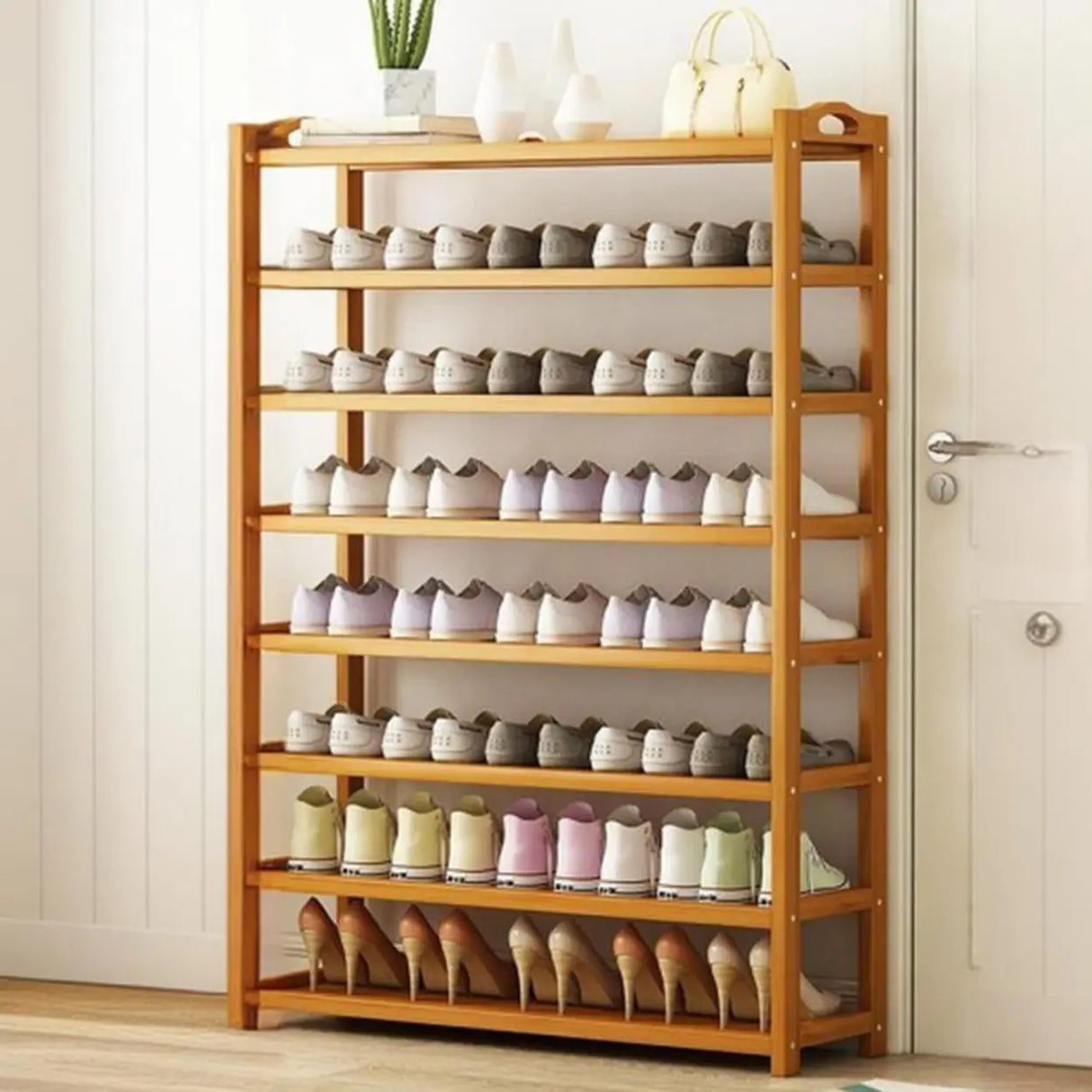 Scandinavian Free Standing Natural Bamboo Floor Shoe Rack Image - 18