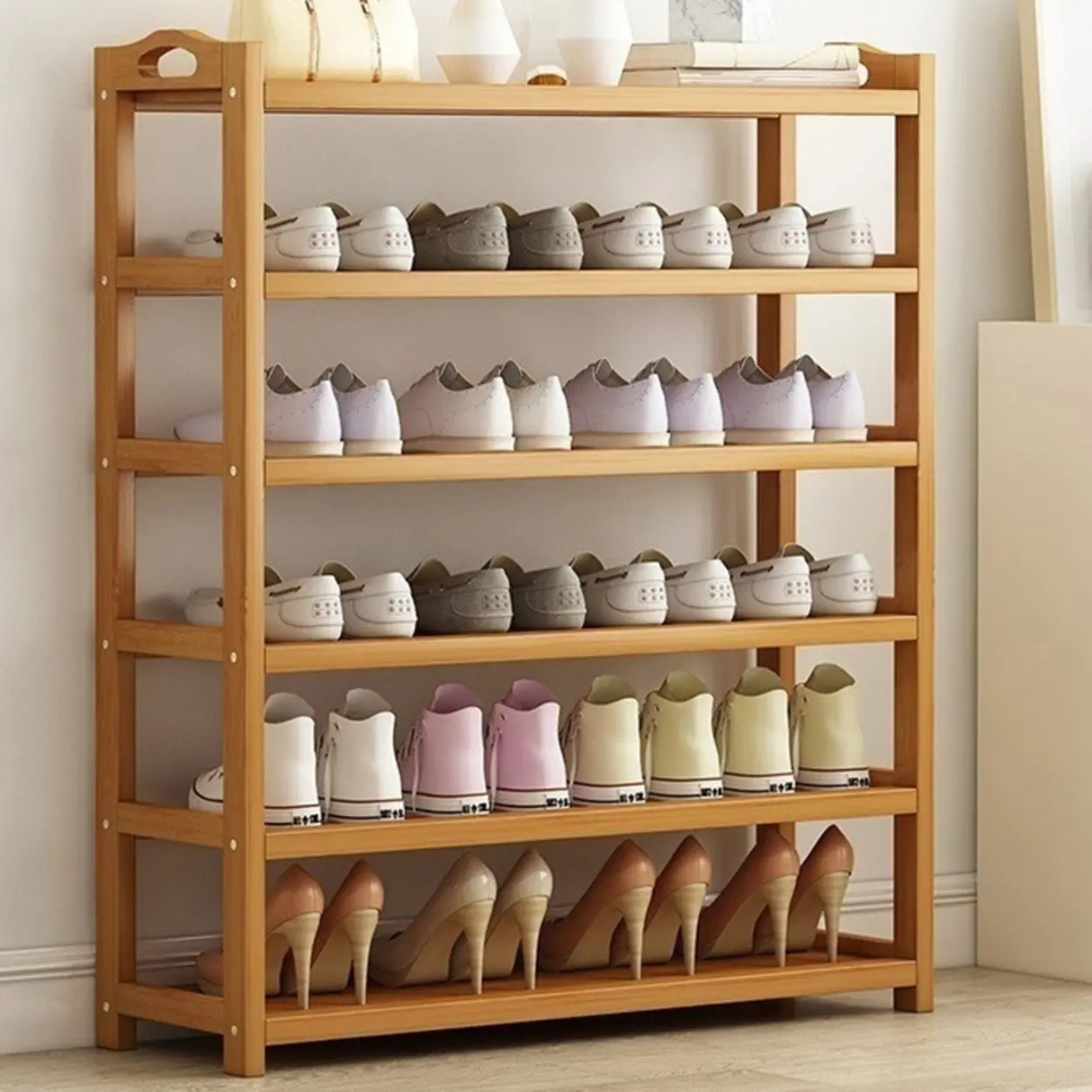 Scandinavian Free Standing Natural Bamboo Floor Shoe Rack Image - 1