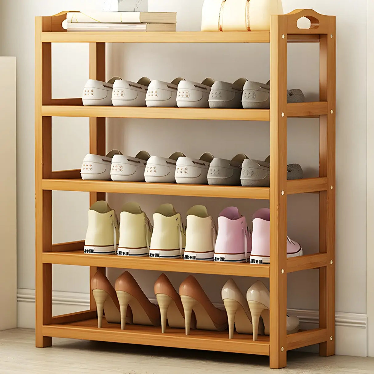 Scandinavian Free Standing Natural Bamboo Floor Shoe Rack Image - 20