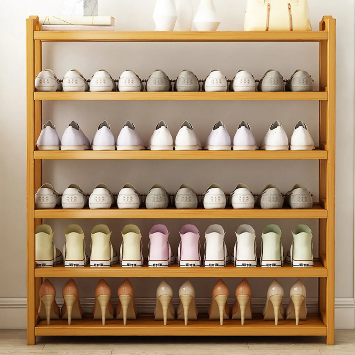 Scandinavian Free Standing Natural Bamboo Floor Shoe Rack Image - 23