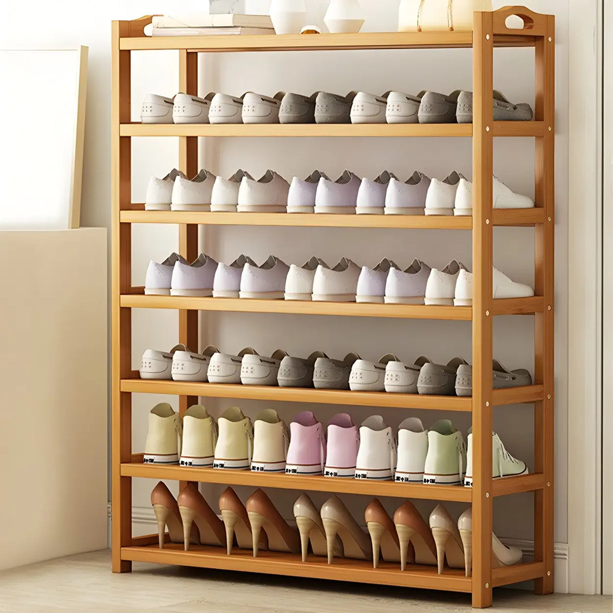 Scandinavian Free Standing Natural Bamboo Floor Shoe Rack Image - 24