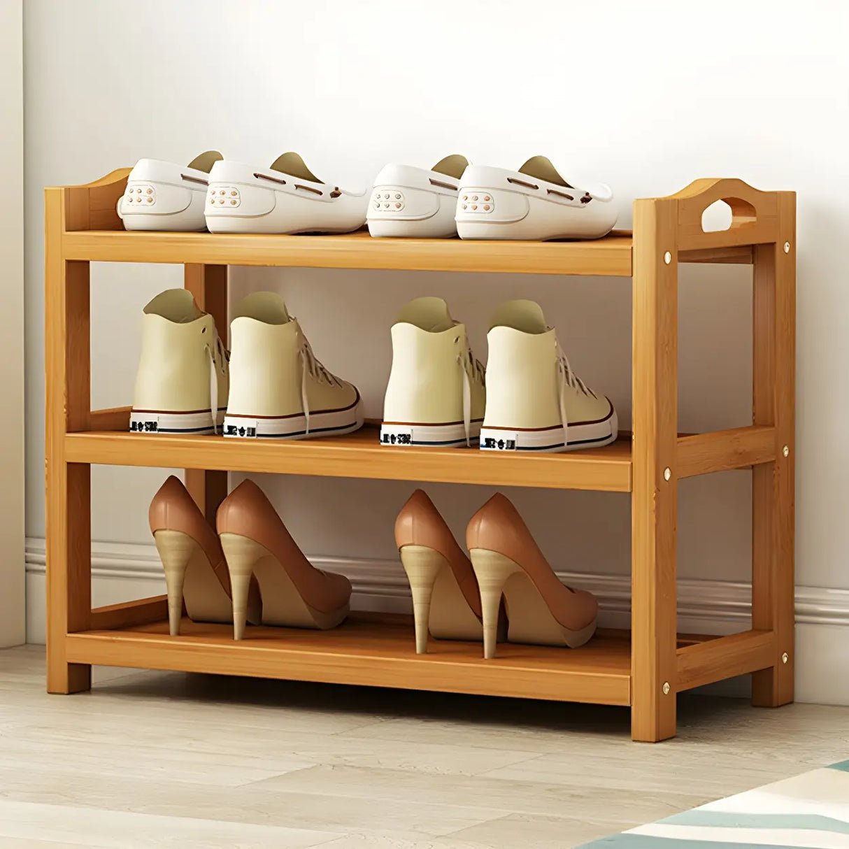 Scandinavian Free Standing Natural Bamboo Floor Shoe Rack Image - 25