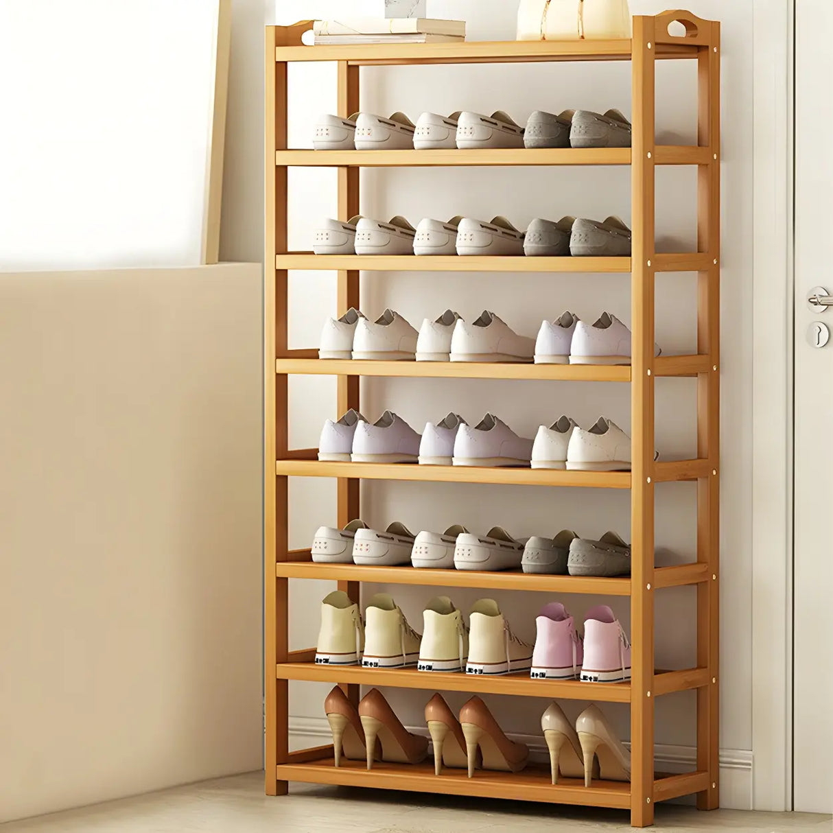 Scandinavian Free Standing Natural Bamboo Floor Shoe Rack Image - 26
