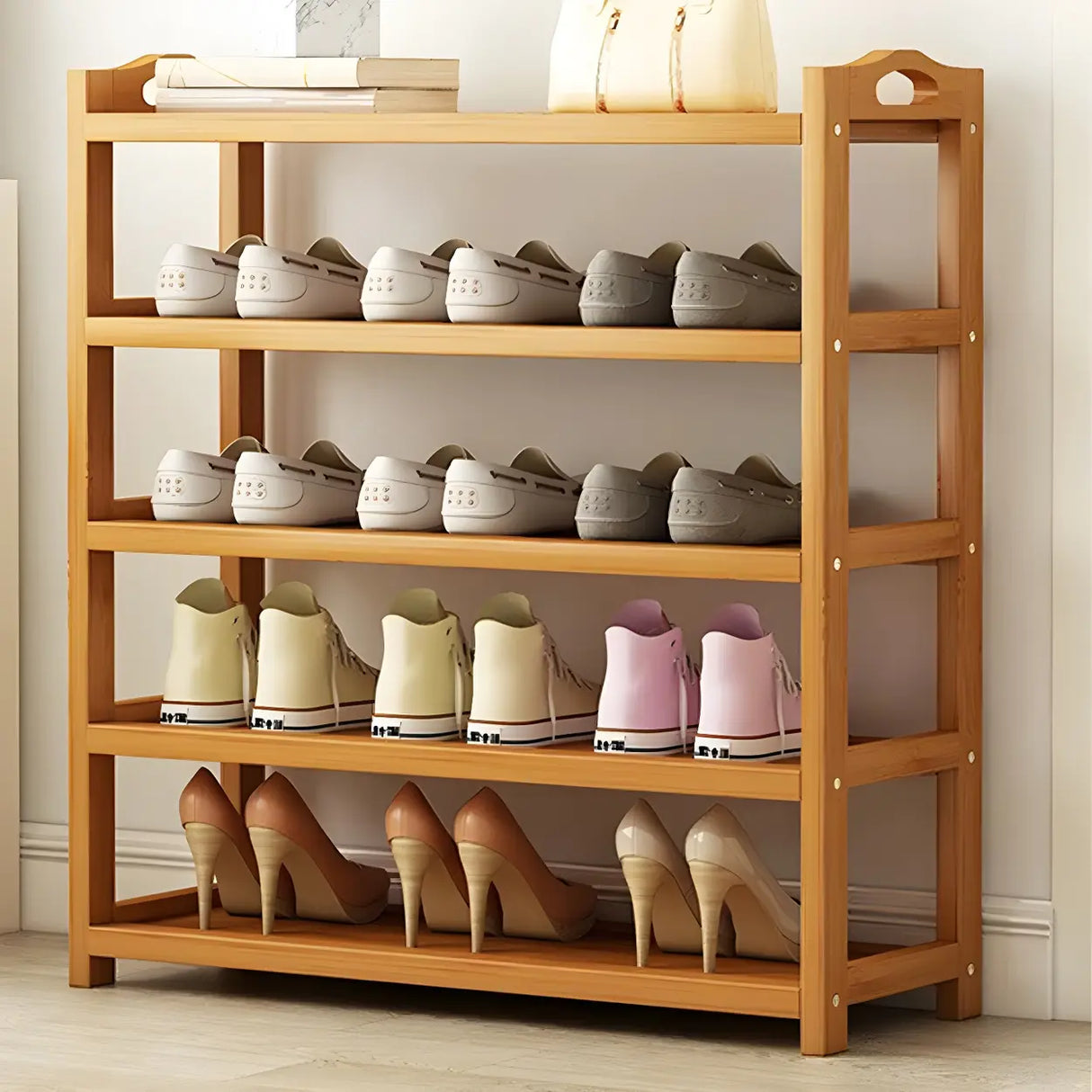 Scandinavian Free Standing Natural Bamboo Floor Shoe Rack Image - 27
