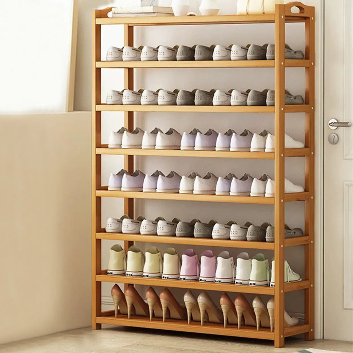 Scandinavian Free Standing Natural Bamboo Floor Shoe Rack Image - 28