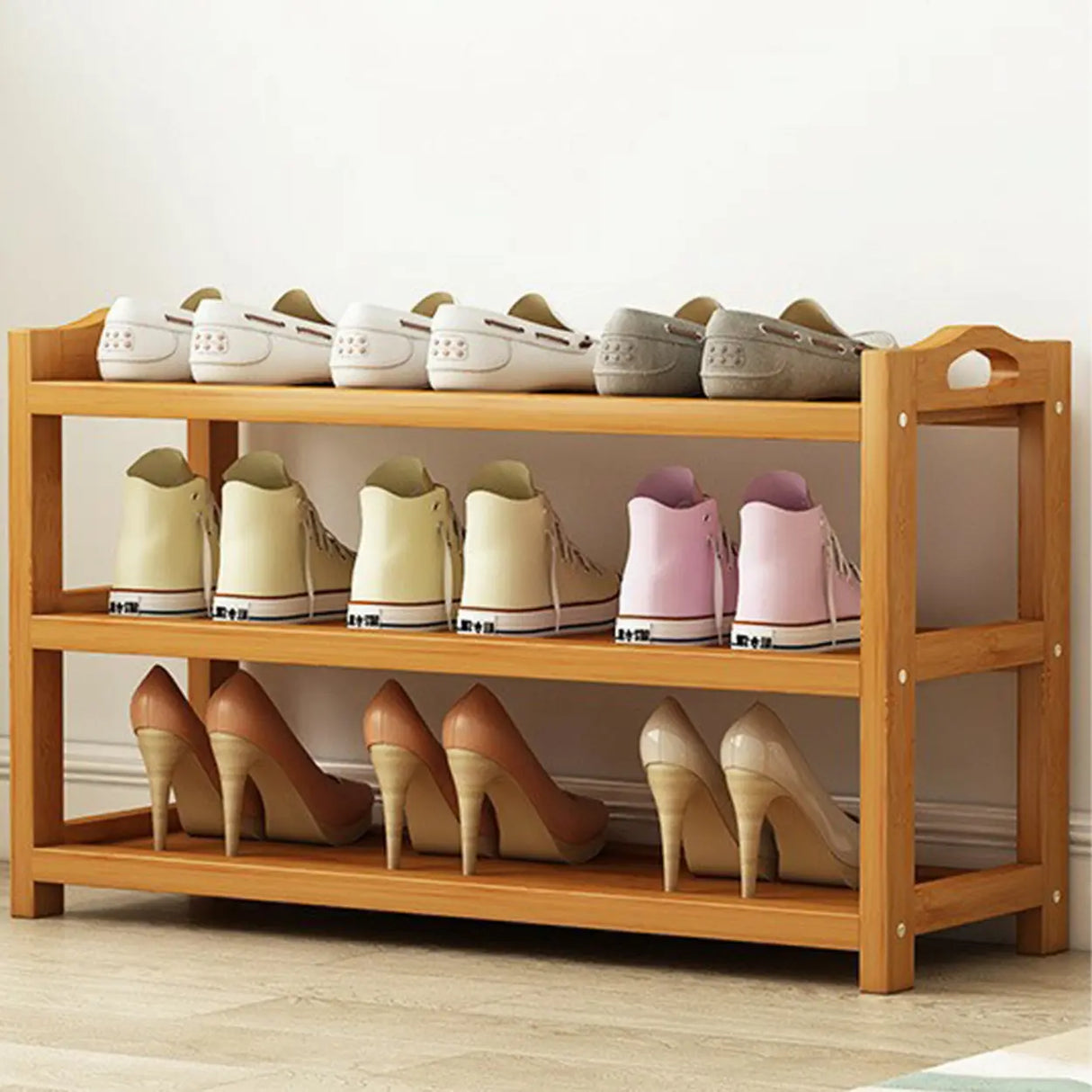 Scandinavian Free Standing Natural Bamboo Floor Shoe Rack Image - 29