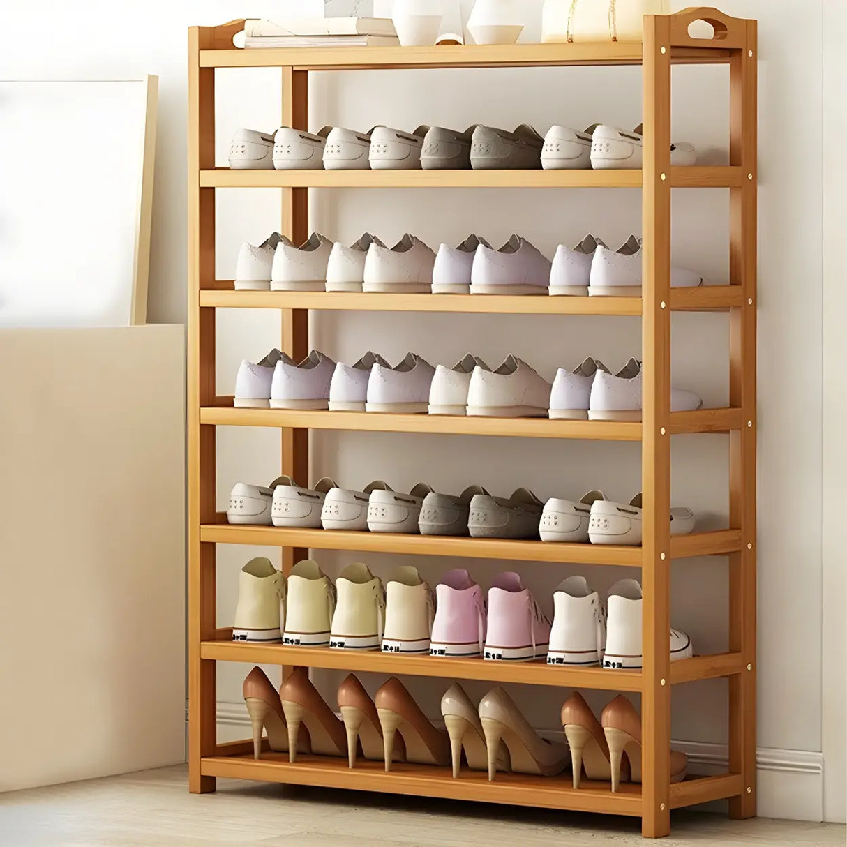 Scandinavian Free Standing Natural Bamboo Floor Shoe Rack Image - 6