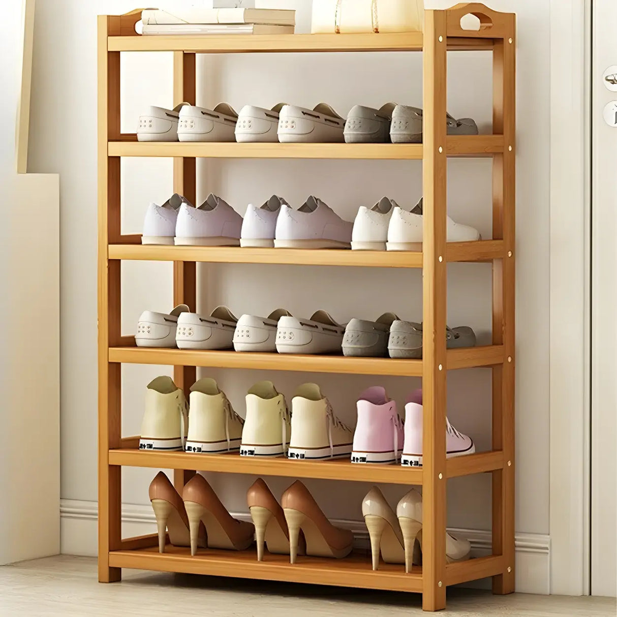 Scandinavian Free Standing Natural Bamboo Floor Shoe Rack Image - 7