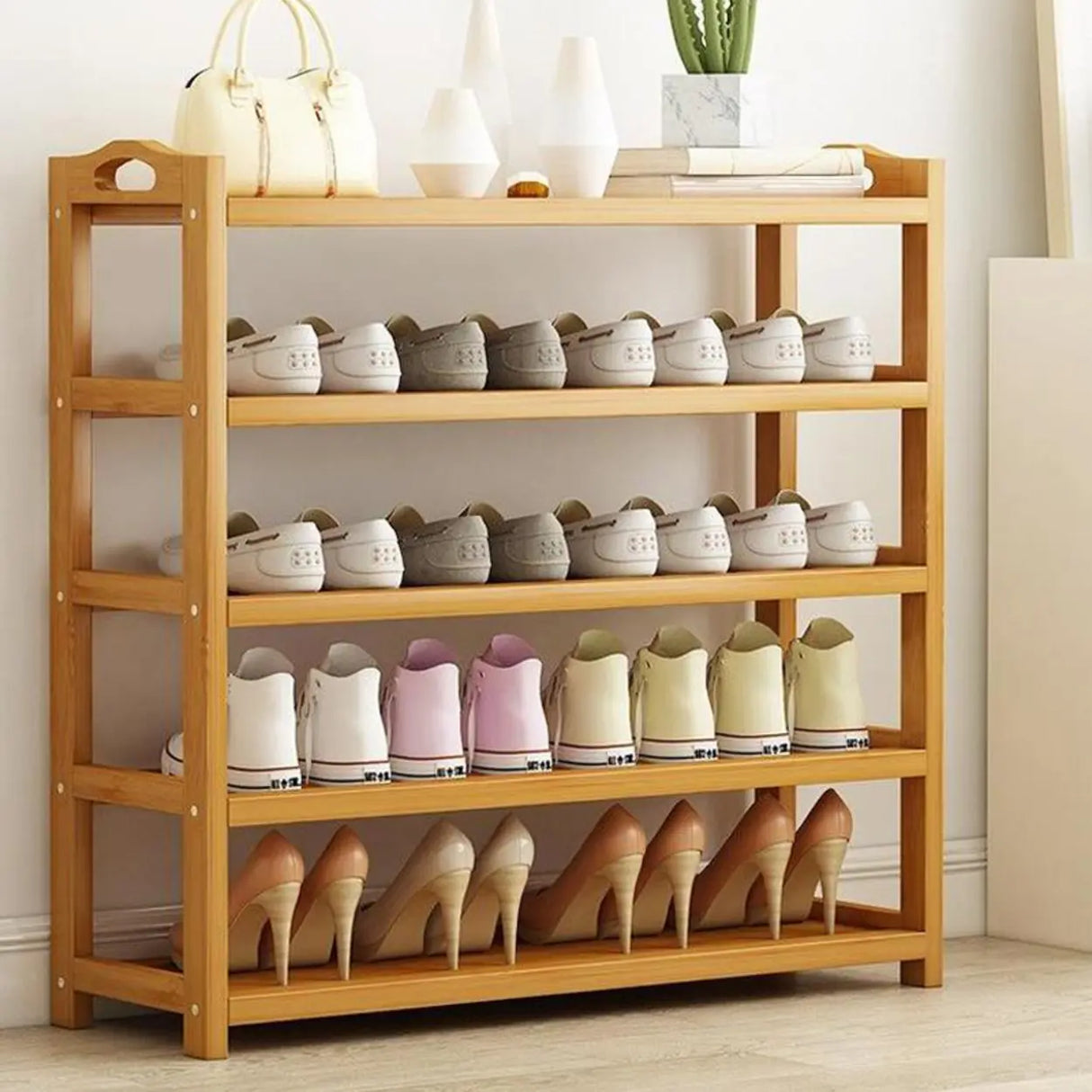 Scandinavian Free Standing Natural Bamboo Floor Shoe Rack Image - 8