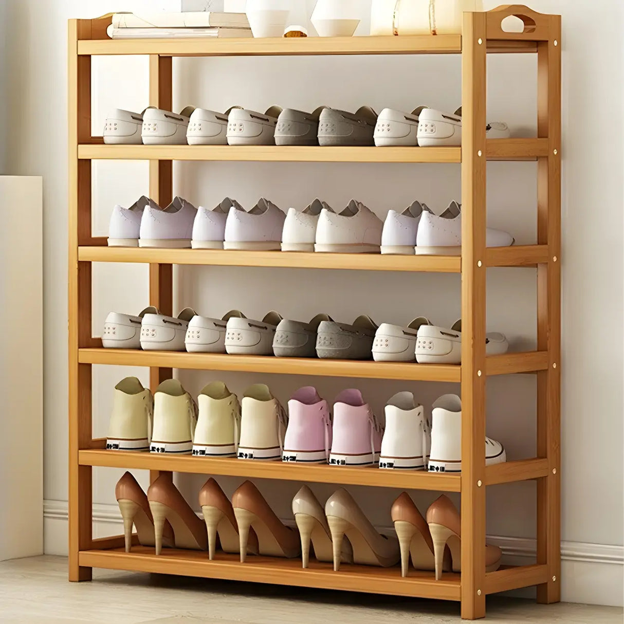 Scandinavian Free Standing Natural Bamboo Floor Shoe Rack Image - 9