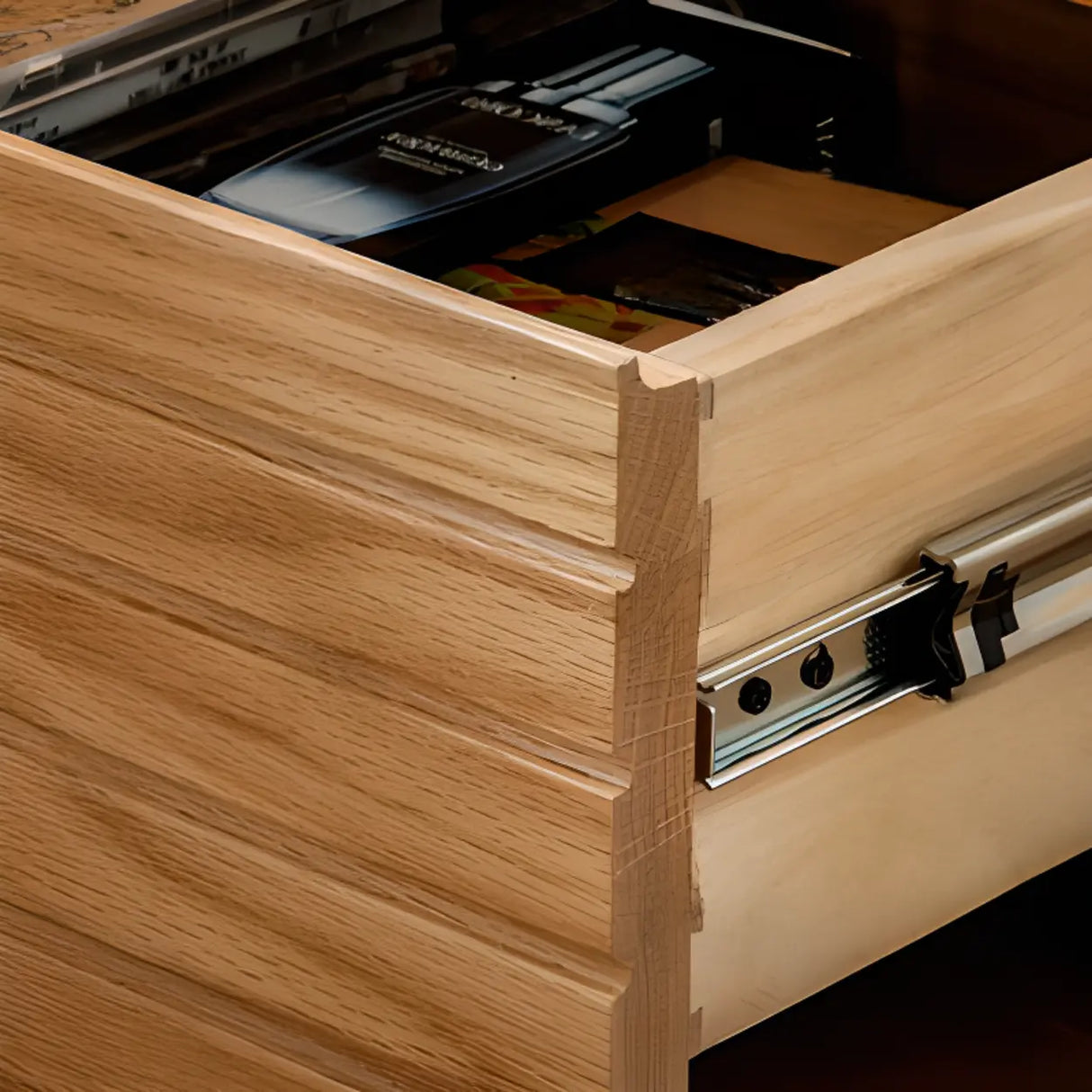 Scandinavian Glass Top Wood Nightstand with Drawers and Shelf Image - 10